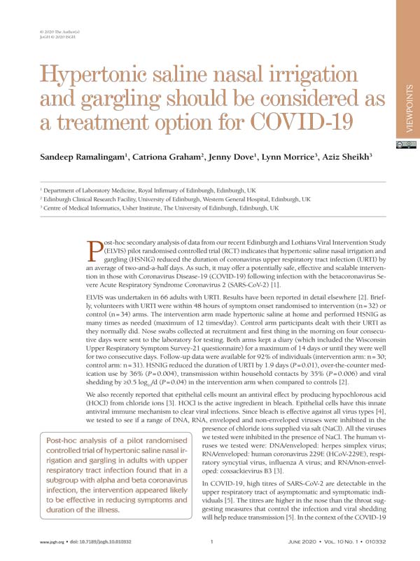 Hypertonic saline nasal irrigation and gargling should be considered as a treatment option for COVID 19